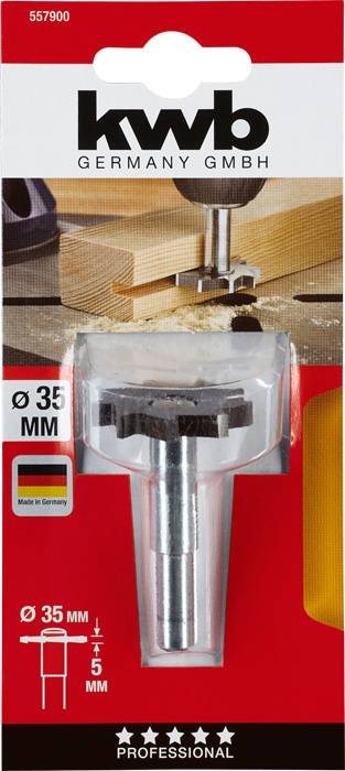 KWB forstnerboor, 35 mm diameter, professionele kwaliteit. Verpakking toont toepassing op hout.