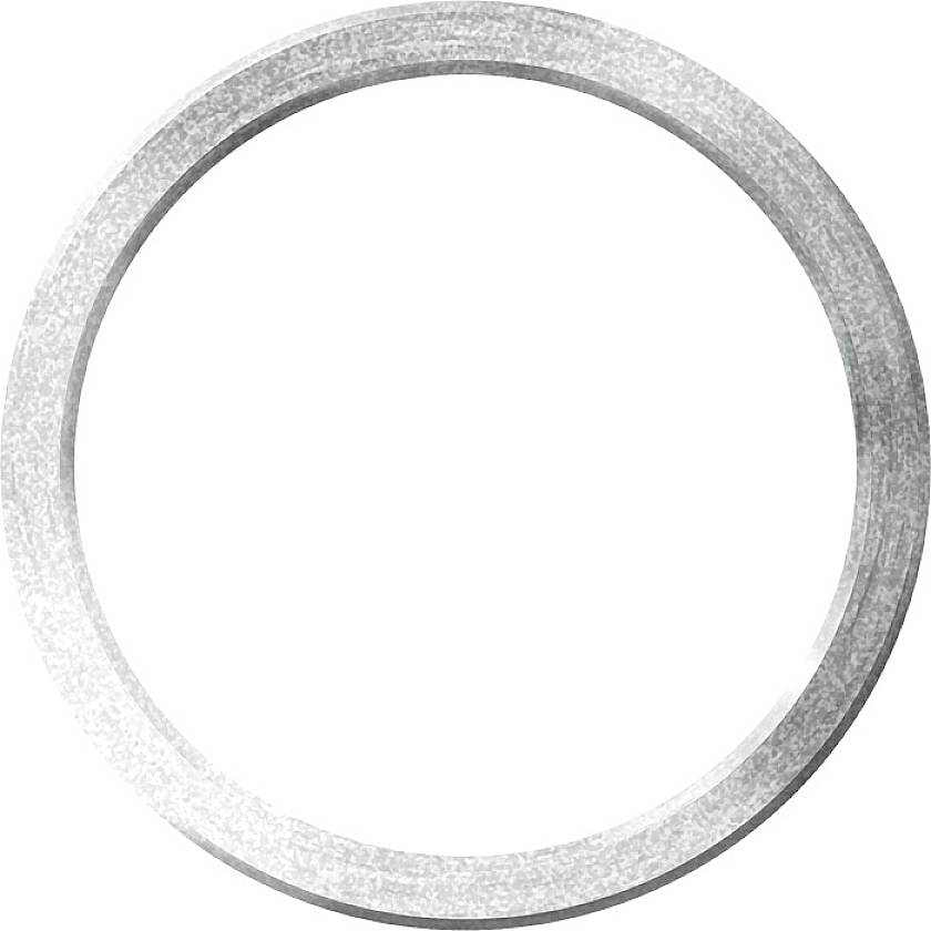 Zilveren, metalen ring met een gladde oppervlakte, symbolisch voor sieraden of technische toepassingen, zonder specifieke context.