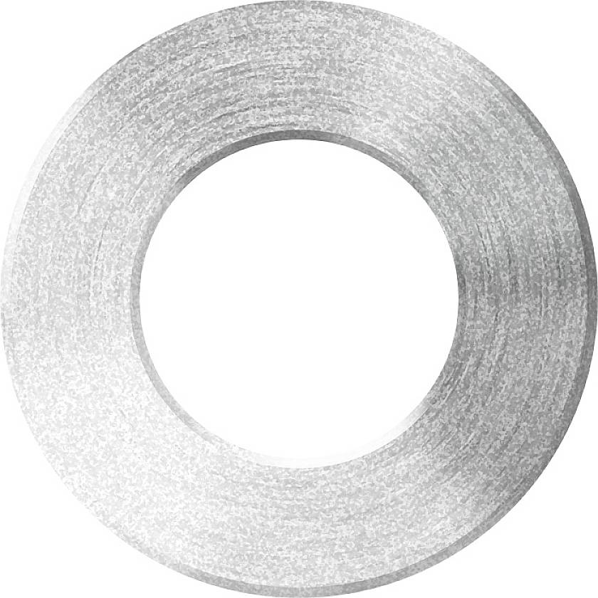 Een zilveren, ronde metalen schijf met een cirkelvormige opening in het midden, vergelijkbaar met een grote sluitring of wiel.