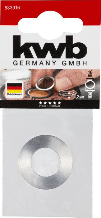 Een verpakking met een metalen ring van 'kwb Germany GmbH', diameter 30 mm, dikte 1,2 mm. Verpakking bevat fabrikantslogo en productdetails.