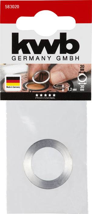 'Kwb Germany GMBH' schijf, 1,2 mm dik, roestvrij staal, in verpakking. Made in Germany, professioneel, diameter 20 mm, 30 stuks per verpakking.