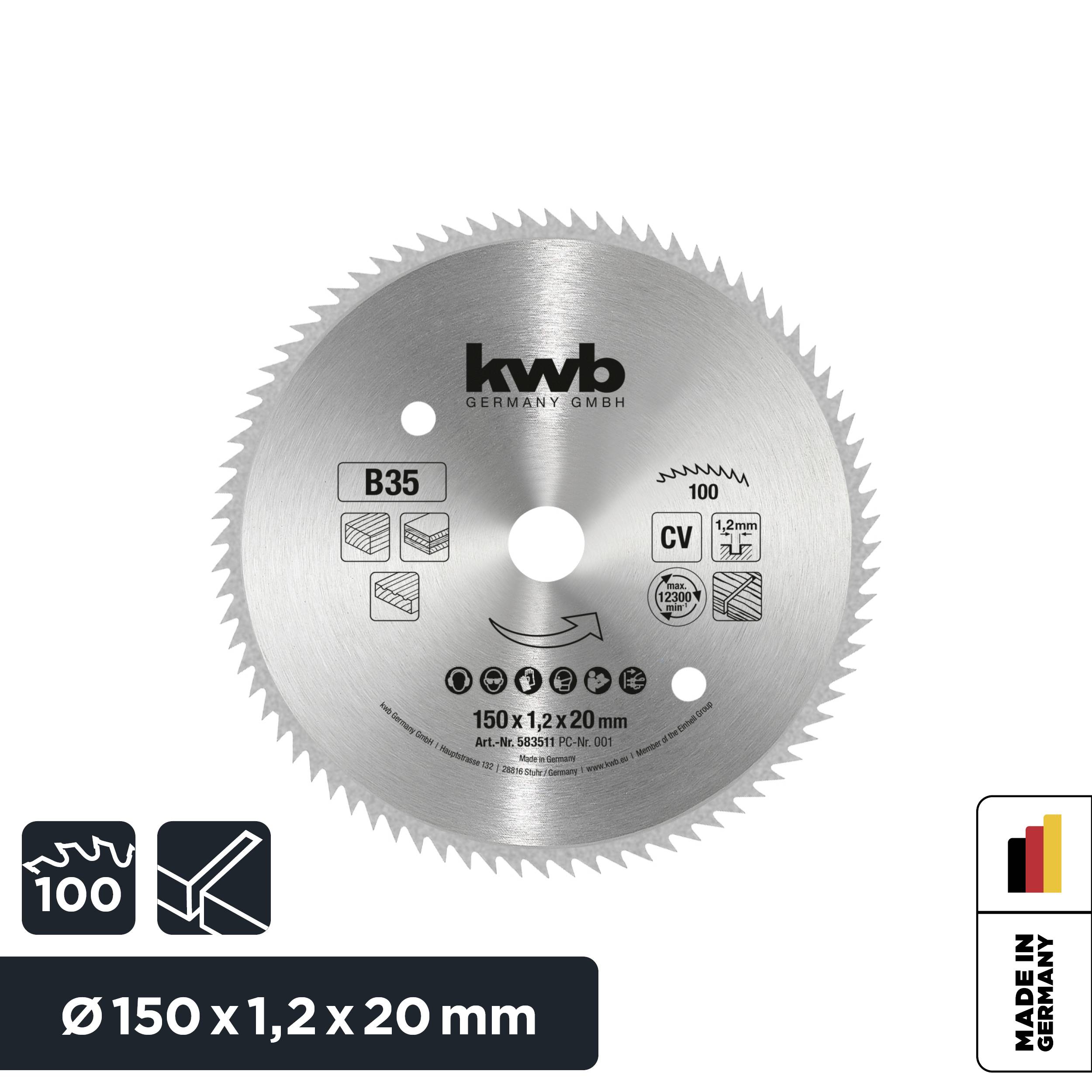 Cirkelzaagblad Ø150 x 1,2 x 20 mm, voor hout, kunststof. 100 tanden, CV-materiaal. Merk 'kwb Germany'. Vervaardigd in Duitsland.