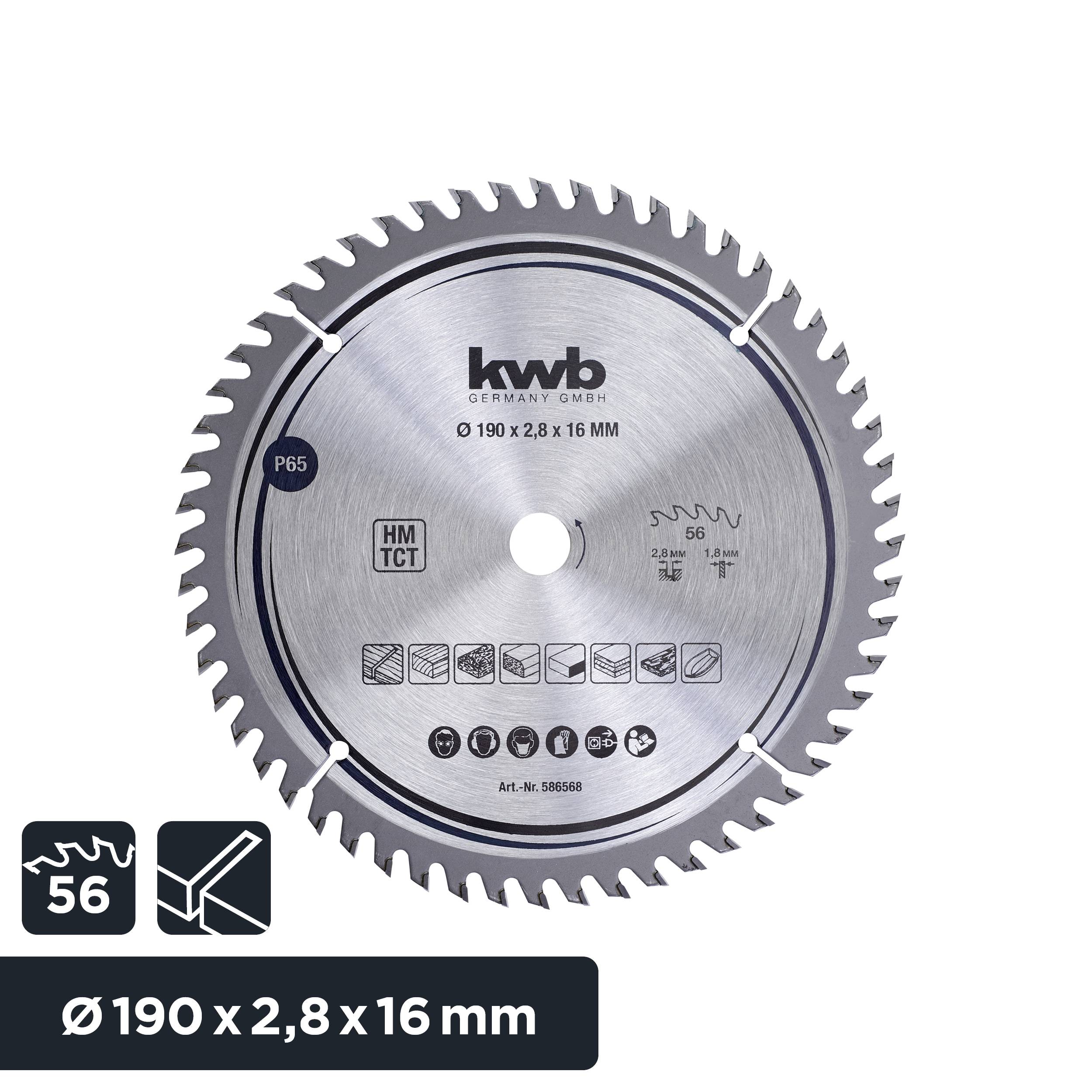 Cirkelzaagblad met 56 tanden, geschikt voor hout- en kunststofbewerking. Diameter 190 mm, dikte 2,8 mm, boring 16 mm.