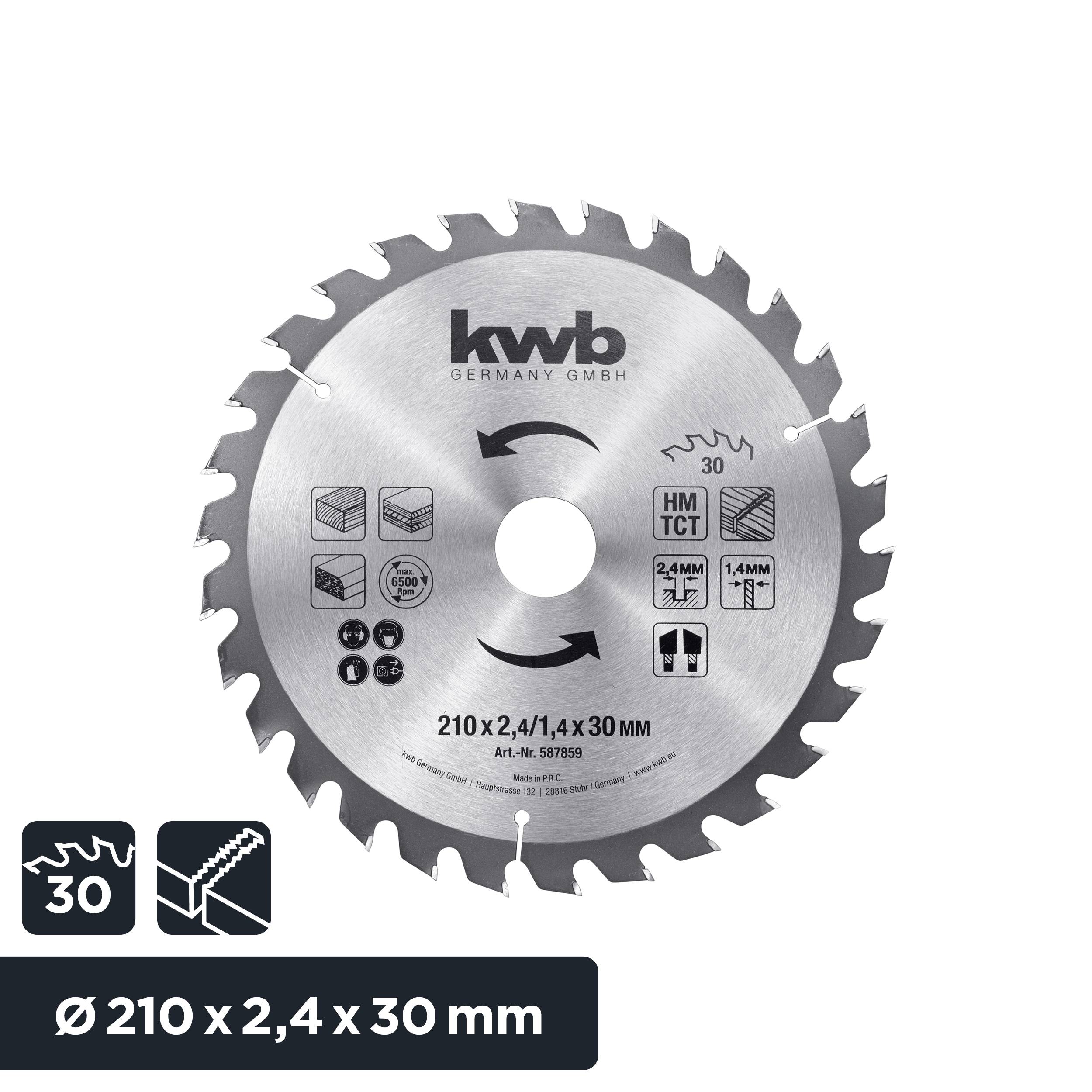 Zaagblad 'kwb Germany GmbH', Rond 210 x 2,4 x 30 mm, HM TCT, geschikt voor hout, metaal en kunststof. Ideaal voor precisiegesneden.