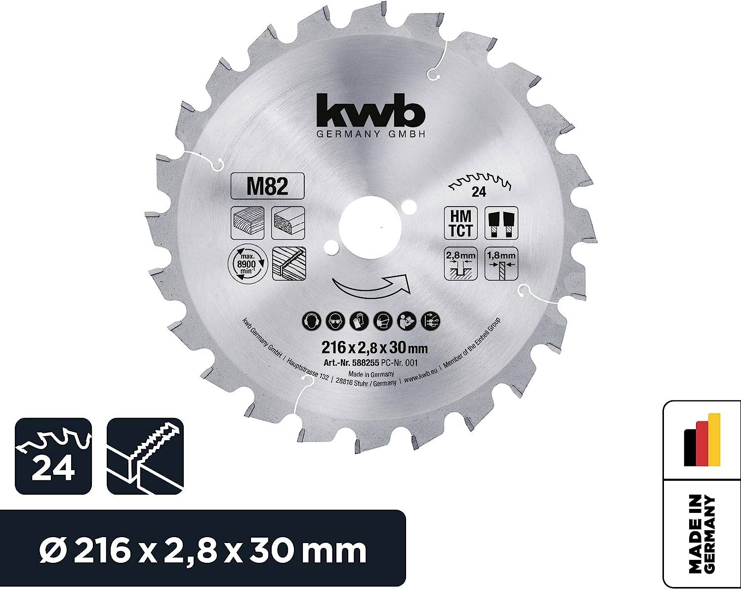 Cirkelzaagblad met 24 tanden, diameter 216 mm, breedte 2,8 mm, asgat 30 mm. Aanduidingen: 'Made in Germany', 'HM TCT'.