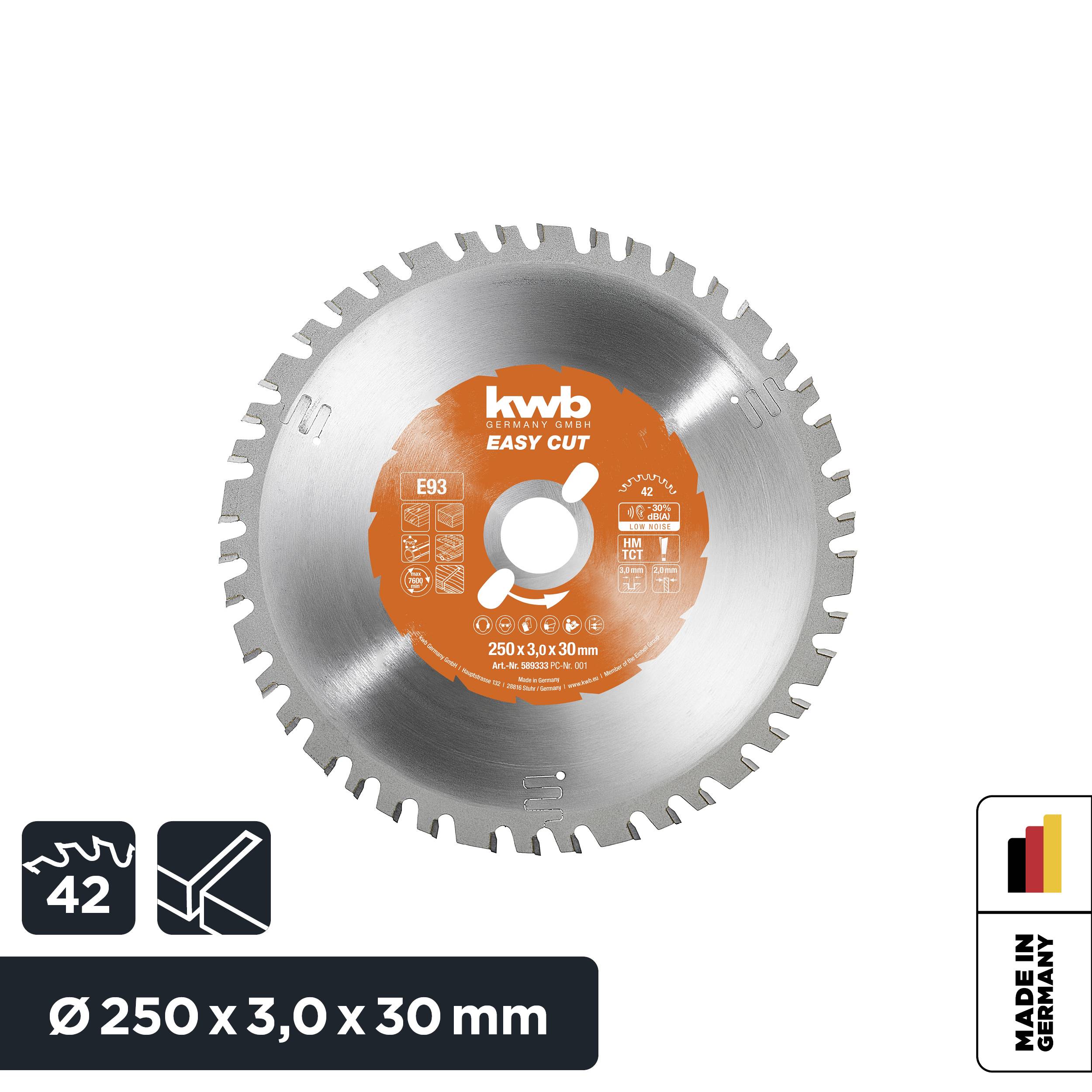 Rond zaagblad 'kwb Easy Cut', 250 x 3,0 x 30 mm, 42 tanden, Made in Germany. Geschikt voor precisieSnedes in verschillende materialen.