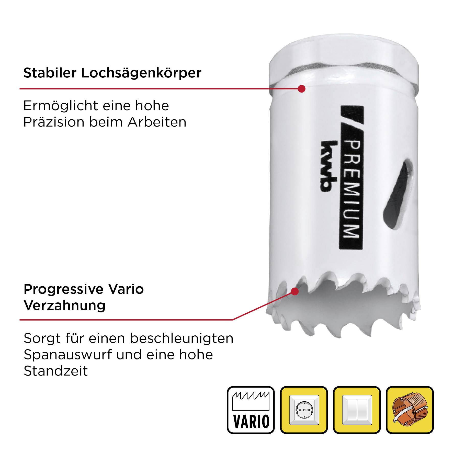 Stabiele gatenzaag met progressieve vertanding voor precisie en snel boren. Twee belangrijkste voordelen: hoge nauwkeurigheid en versnelde spaan afvoer.