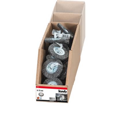Kartonnen doos met verschillende metalen draadborstels, diameter 75 mm, van het merk 'kwb'.