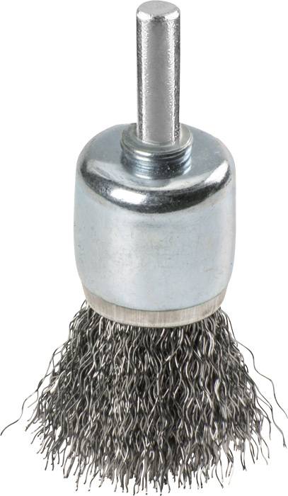 Stalen borstel met een ronde kop en metalen borstelharen, geschikt voor het reinigen en ontroesten van oppervlakken.