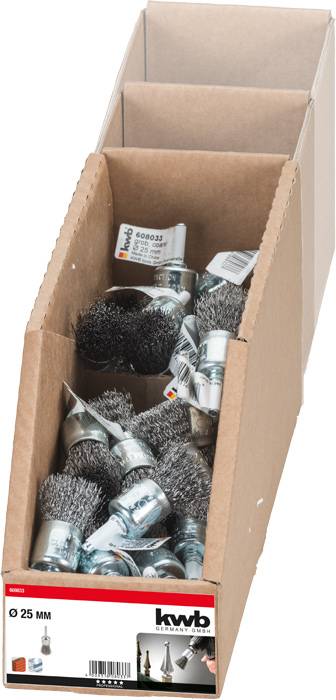 Een doos vol draadborstels met handgrepen voor reiniging, het etiket toont het merk 'kwb' en de maat Ø 25 mm.