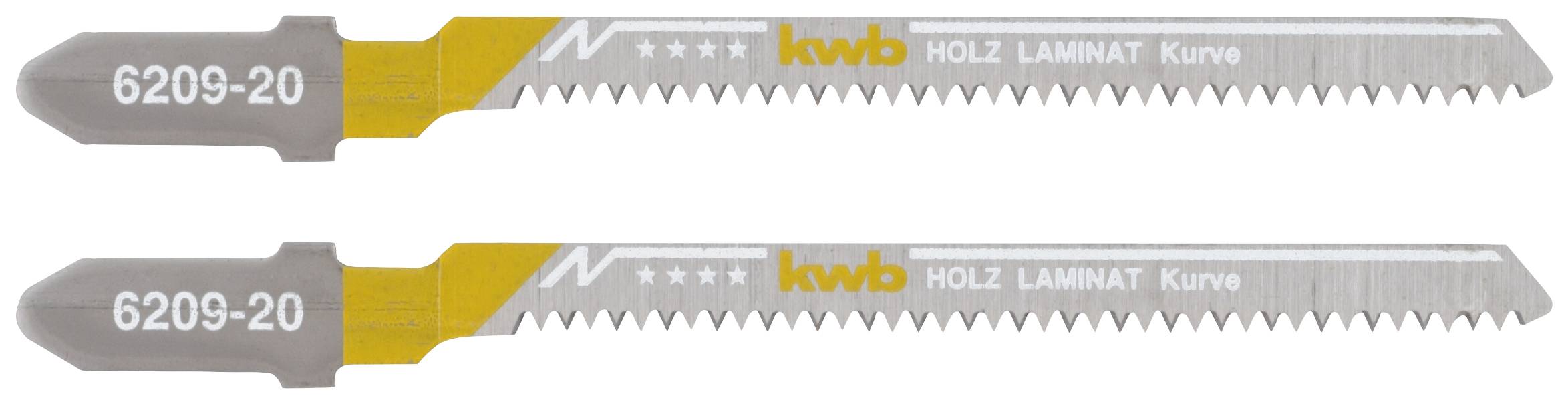 Twee decoupeerzaagbladen met de aanduiding '6209-20', 'kwb', 'HOUT LAMINAAT', geschikt voor het zagen van hout en laminaat.