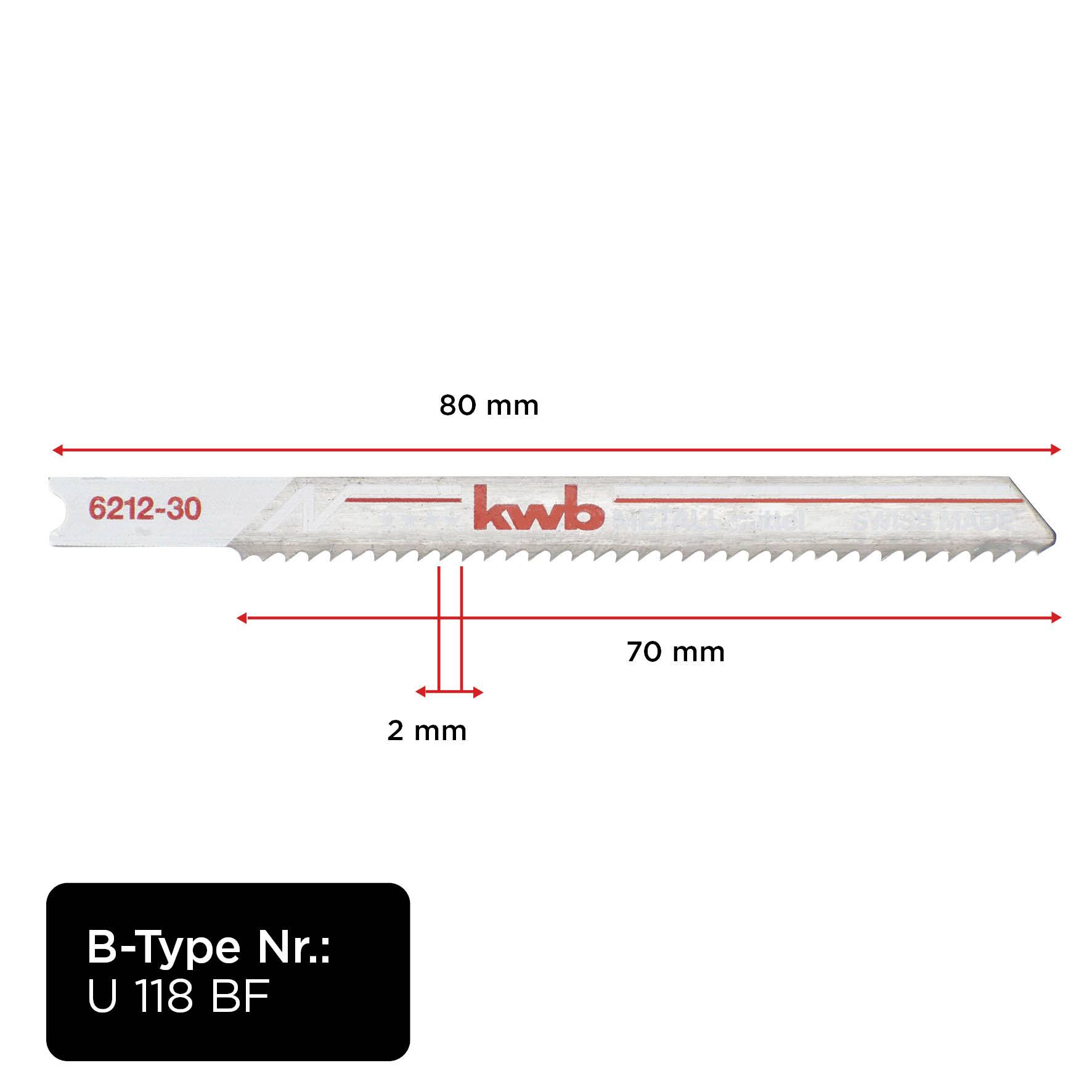 'Zaagblad met 80 mm lengte, 70 mm tandreeks, 2 mm dikte. Merknaam 'kwb', type-nr.: U 118 BF. Geschikt voor fijne sneden.'