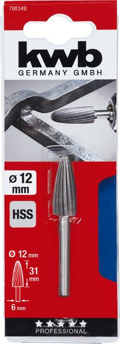 'Kwb Germany GmbH HSS Freesstift' op rode verpakking, 12 mm diameter, 31 mm lengte, voor professioneel gebruik.