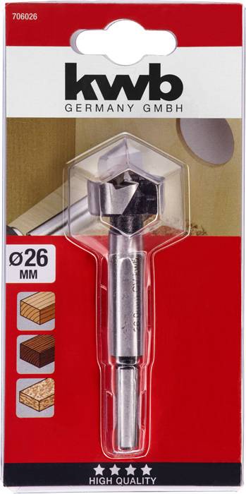 Boor van 'kwb Germany GmbH', diameter Ø26 mm, geschikt voor houtsoorten; verpakking toont drie houtsoorten: zacht, middel, hard.