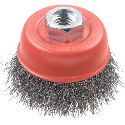 Een rood omhulde staalborstel met metalen schroefdraad voor bevestiging, geschikt voor reinigings- en polijstwerkzaamheden op metalen oppervlakken.