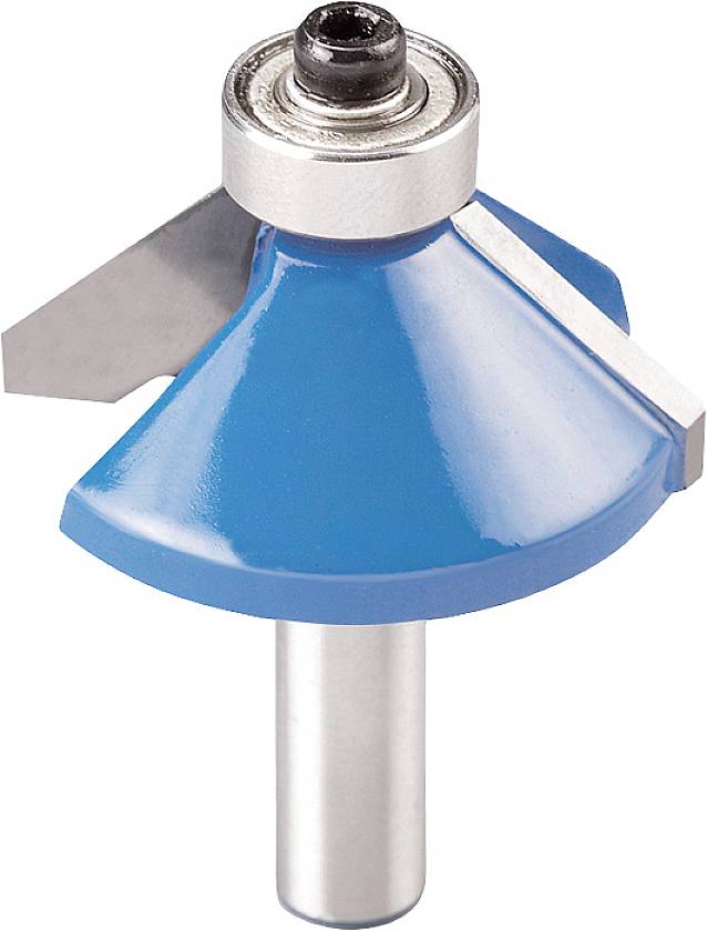 Een blauwe kantenfrees met metalen mes, gebruikt voor het vormen van houtrandjes bij timmer- of meubelmaakwerkzaamheden.
