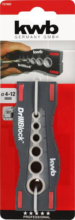 'Packaging of the KWB DrillBlocks, shows a grey tool with holes for drill sizes 4-12 mm. Ideal for precise drilling at 90-degree angles.'