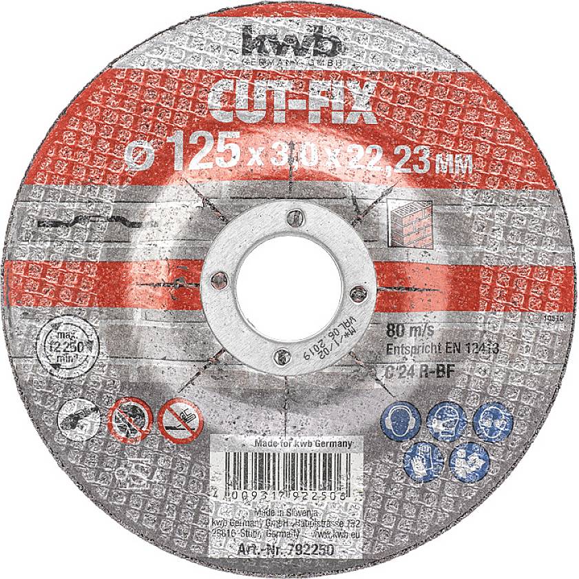 Slijpschijf van het merk kwb, type 'CUT-FIX', met afmetingen 125 x 3,0 x 22,23 mm. Maximale rotatiesnelheid 80 m/s, geschikt voor metaalbewerking.