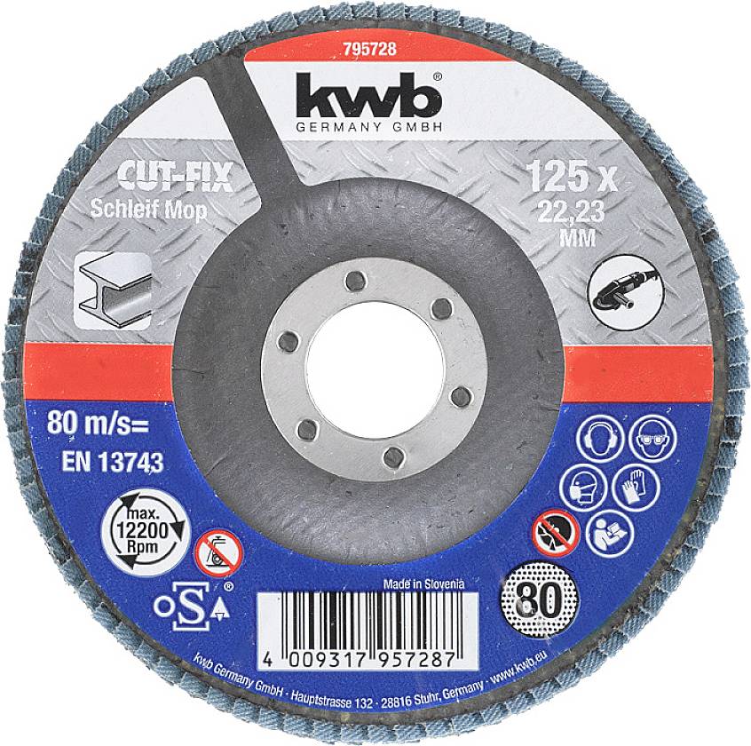 Een schuurpapieren schijf van KWB met afmetingen 125 x 22,23 mm, geschikt voor 12200 toeren per minuut. Markeringen: "CUT-FIX", "80 m/s".