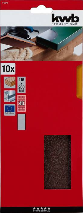 'Kwb Germany GmbH Schuurpapier 10x, 115 x 280 mm, Korrelatie 40, toont een afbeelding van een schuurproces op hout.'