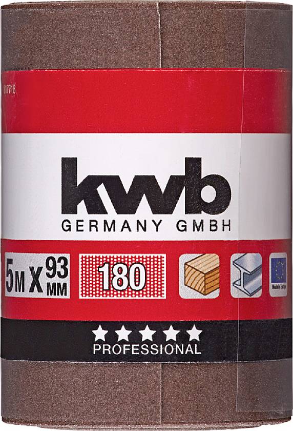 Schuurpapierrol 'kwb Germany GmbH', 5m lang, 93mm breed, korrelgrootte 180, voor houtbewerkingen. Professionele kwaliteit, 5 sterren.