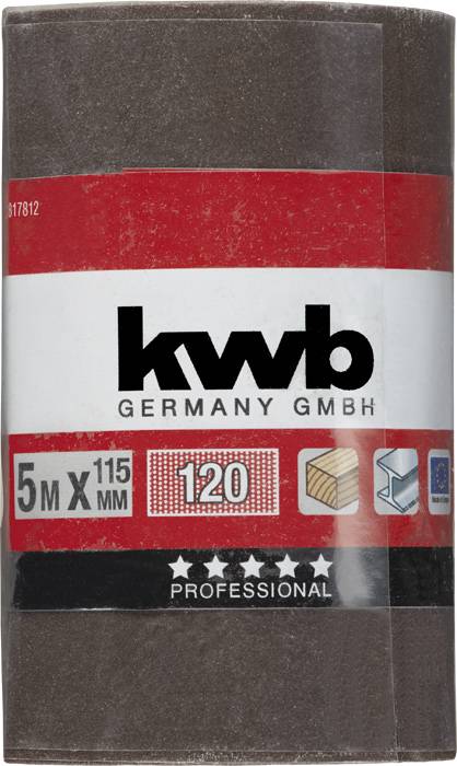 Schuurpapierrol, 5 m x 115 mm, korrelgrootte 120, geschikt voor hout. Verpakking met logo 'kwb Germany GmbH' en symbolen.