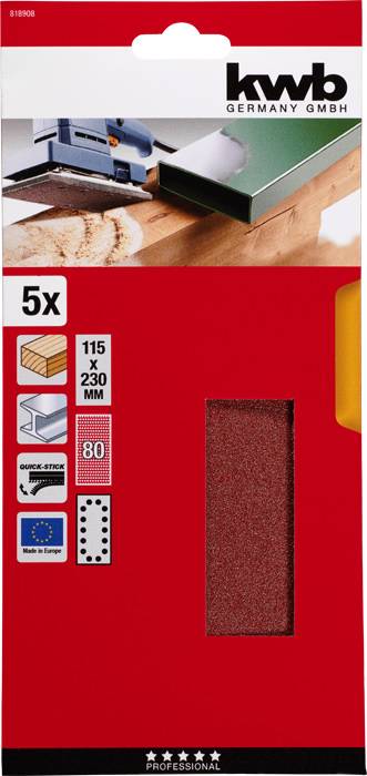 Verpakking van schuurpapier van het merk 'kwb', geschikt voor hout en metaal. Bevat vijf vellen, formaat 115 x 230 mm, korrelgrootte 80.