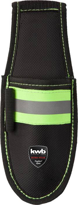 Zwart gereedschapsholster met neon-groene streep en 'kwb Work Wear'-logo, om gereedschappen aan de riem te bevestigen.
