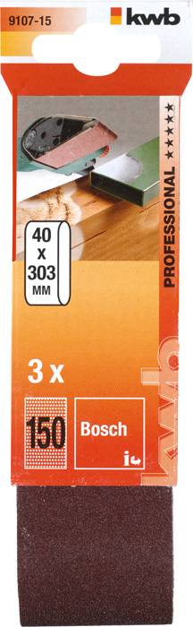 Verpakking voor schuurbanden met afmeting 40 x 303 mm. Bevat 3 stuks met korrelgrootte 150. Merk: Bosch, Type: Professional.
