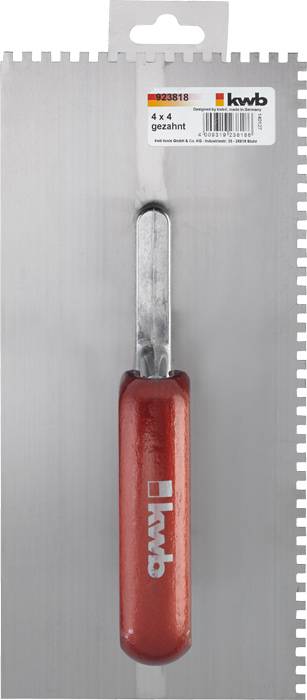 Rode tandspatel met gegolfde bladrand en rood handvat, gemonteerd op een zilveren metalen plaat, etiket 'kwb 4x4 getand'.