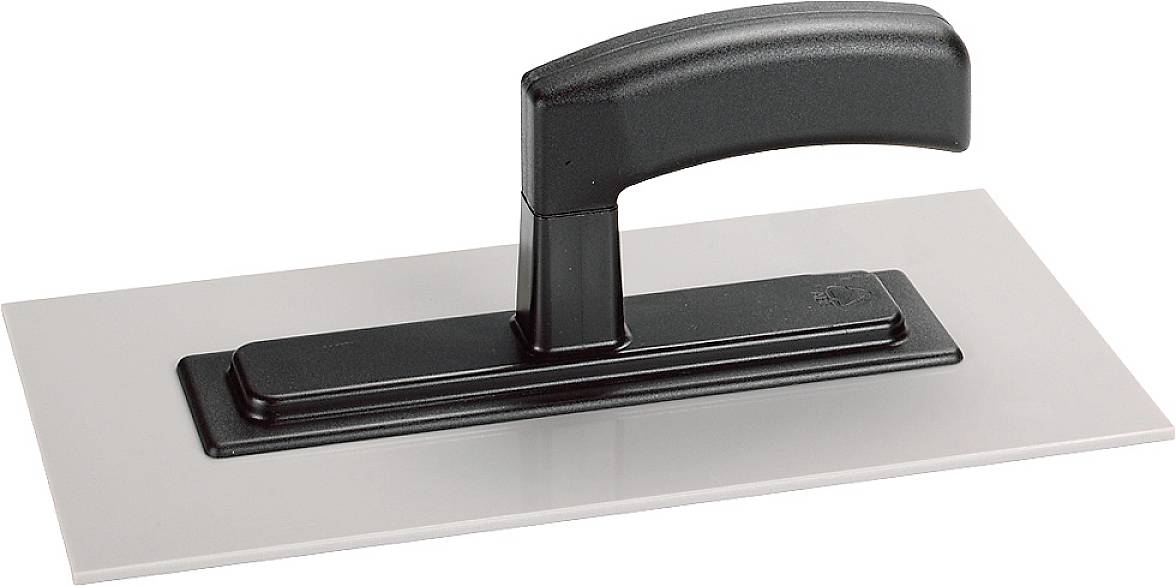 Een zwarte kunststof pleisterspaan met een rechthoekig, glad oppervlak en een ergonomische handgreep, geschikt voor het aanbrengen van pleisterwerk.