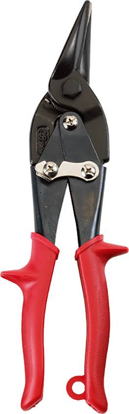 Een robuuste blikschaar met rode handgrepen en een metalen snijkant, geschikt voor het knippen van plaatstaal of vergelijkbare materialen.
