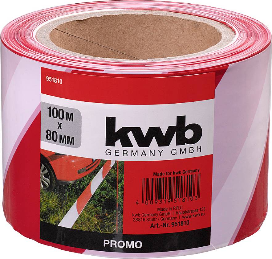 Rol met rood en wit afzetlint. Tekst: '100 m x 80 mm', 'kwb Germany GmbH'. Gebruikt op bouwplaatsen of evenementen.