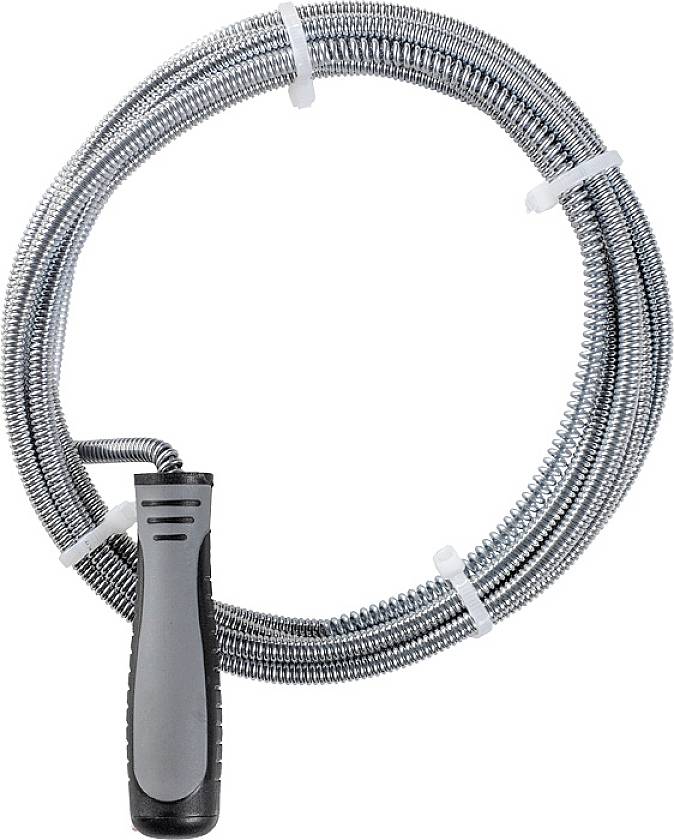 Een metalen buisreinigingsspiraal met zwarte handgreep, opgerold, voor het verwijderen van verstoppingen in afvoeren.