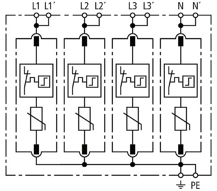 De afbeelding toont een elektrisch bedradingsschema met vier motorische schakelapparaten die parallel zijn aangesloten, van 'L1' tot 'L3', met aarding 'PE'.