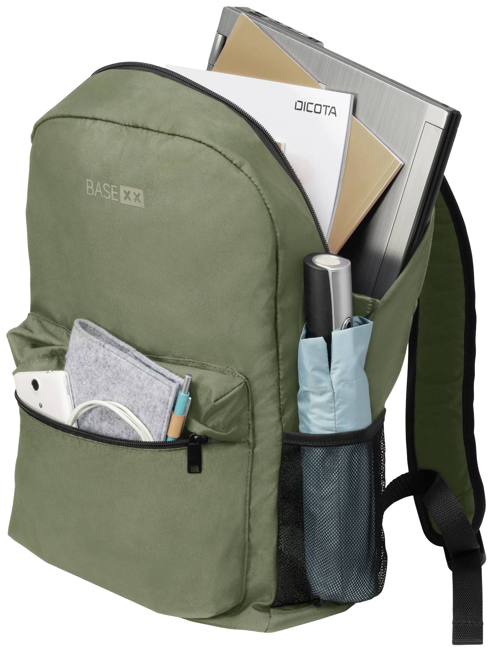 Een groene rugzak met meerdere vakken, bevat een laptop, mappen, smartphone en pennen. Ideaal voor werk of studie.