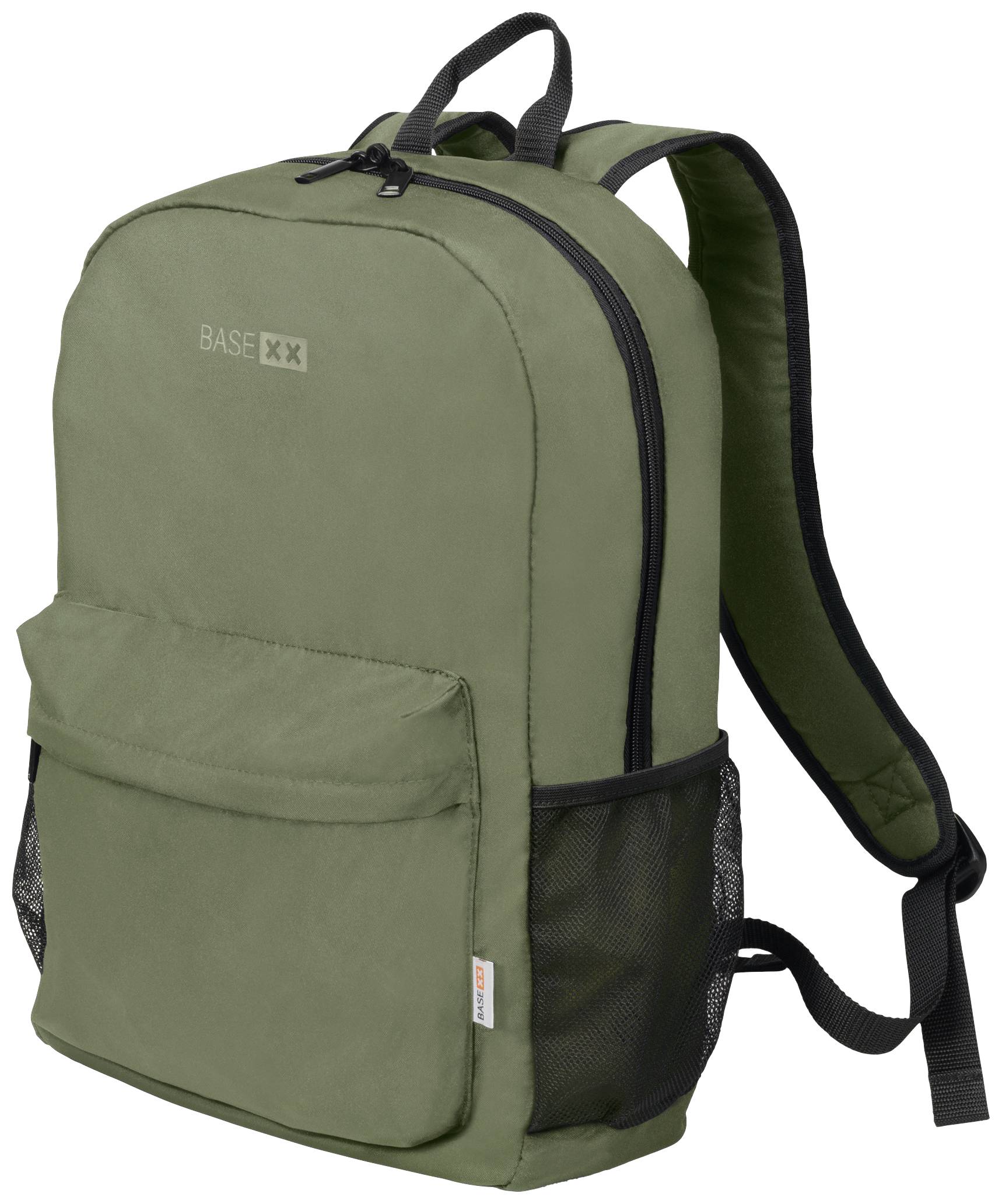 Een olijfgroene rugzak met twee ritsvakken, mesh zijvakken en een discreet logo. Ideaal voor school of dagelijks gebruik.
