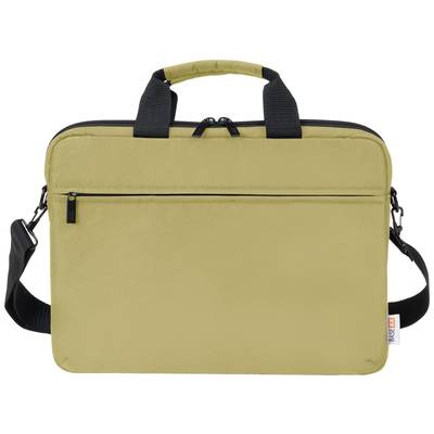 Een beige laptoptas met een handgreep en een afneembare schouderband. Ontworpen voor het veilig vervoeren van laptops.
