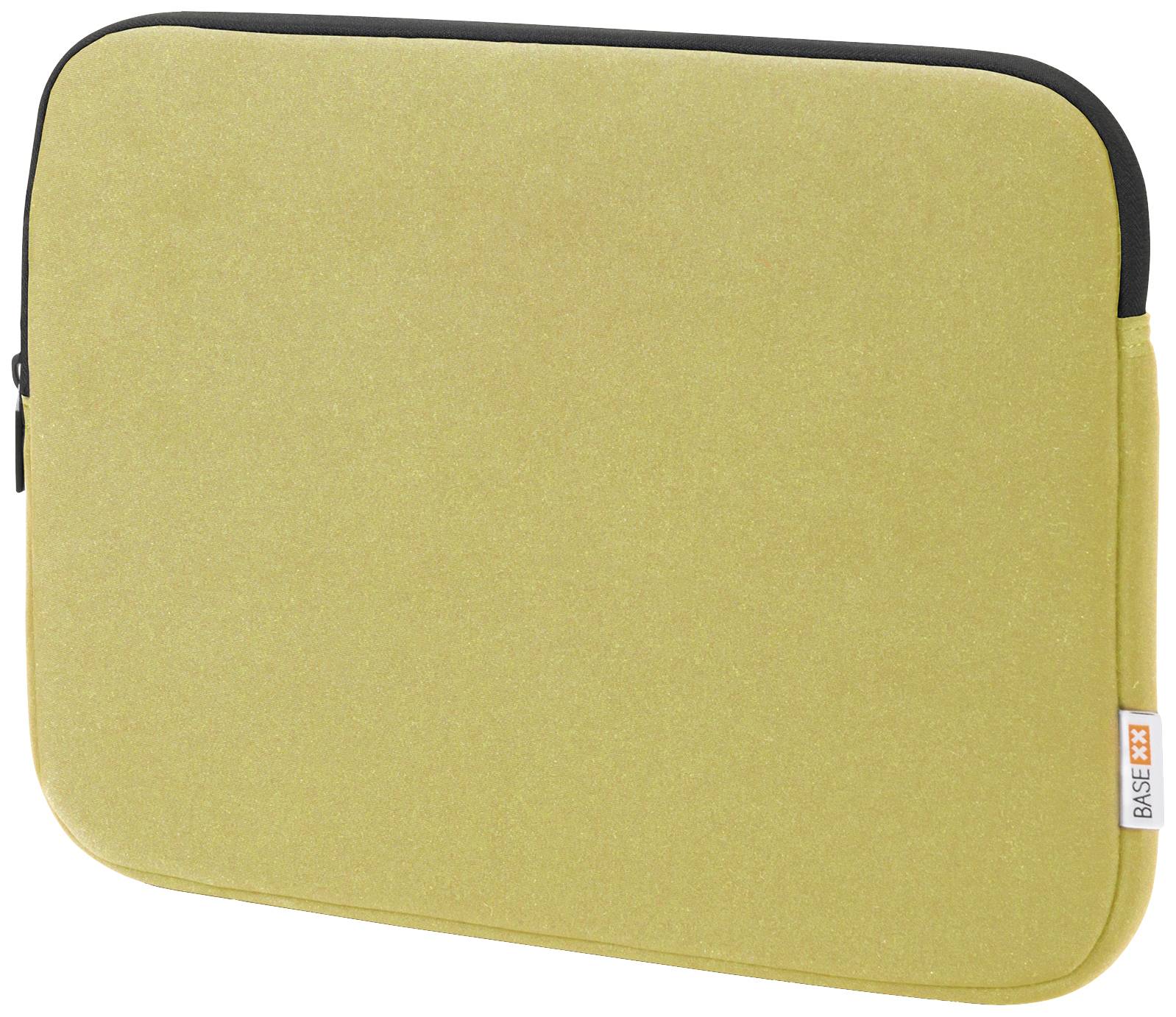 Gele laptoptas met rits, minimalistisch design, rechthoekige vorm, geschikt voor de bescherming van een laptop.