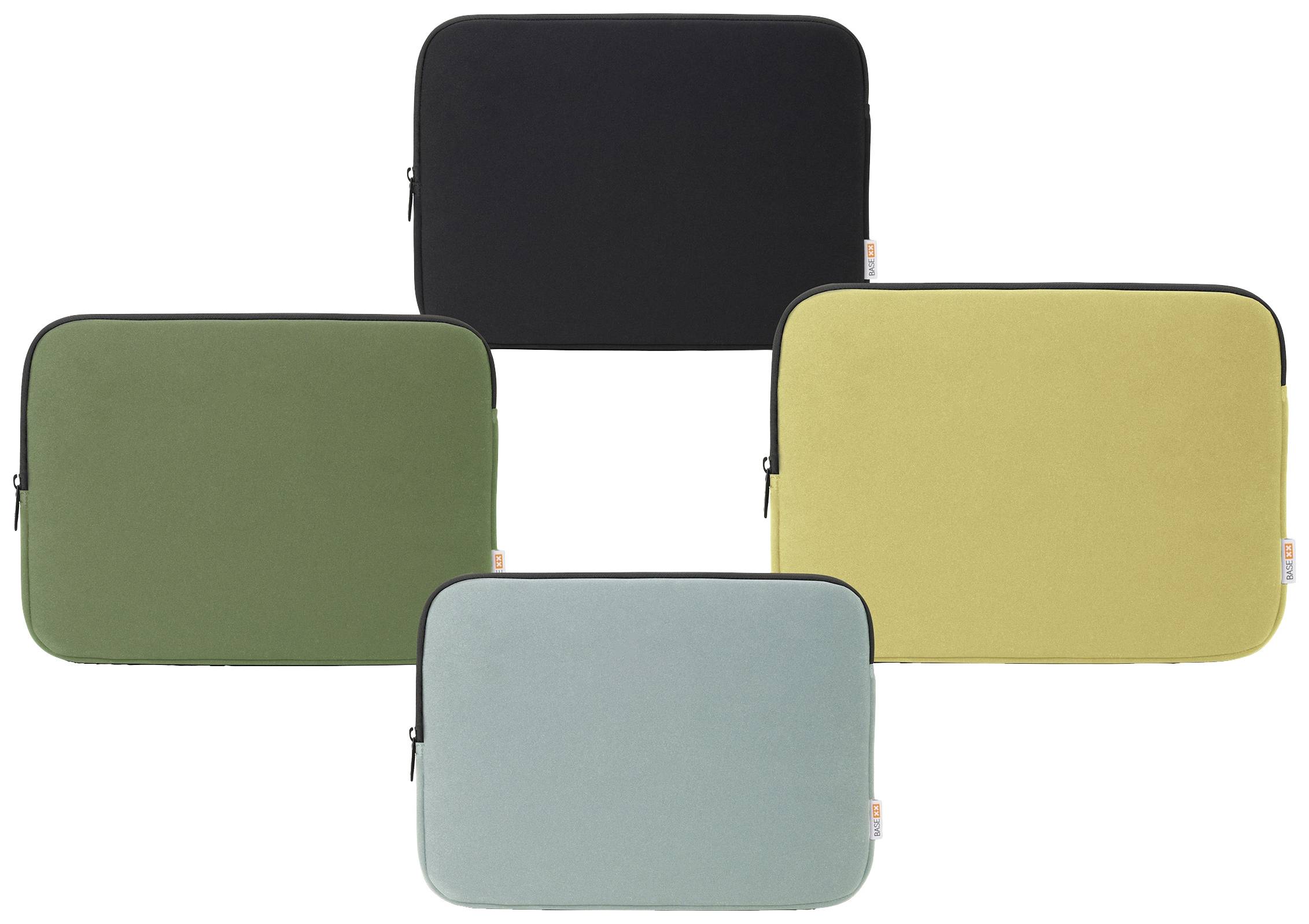 Vier laptoptassen in de kleuren zwart, groen, geel en blauw. Ze zijn rechthoekig, hebben een rits en zijn eenvoudig van ontwerp.