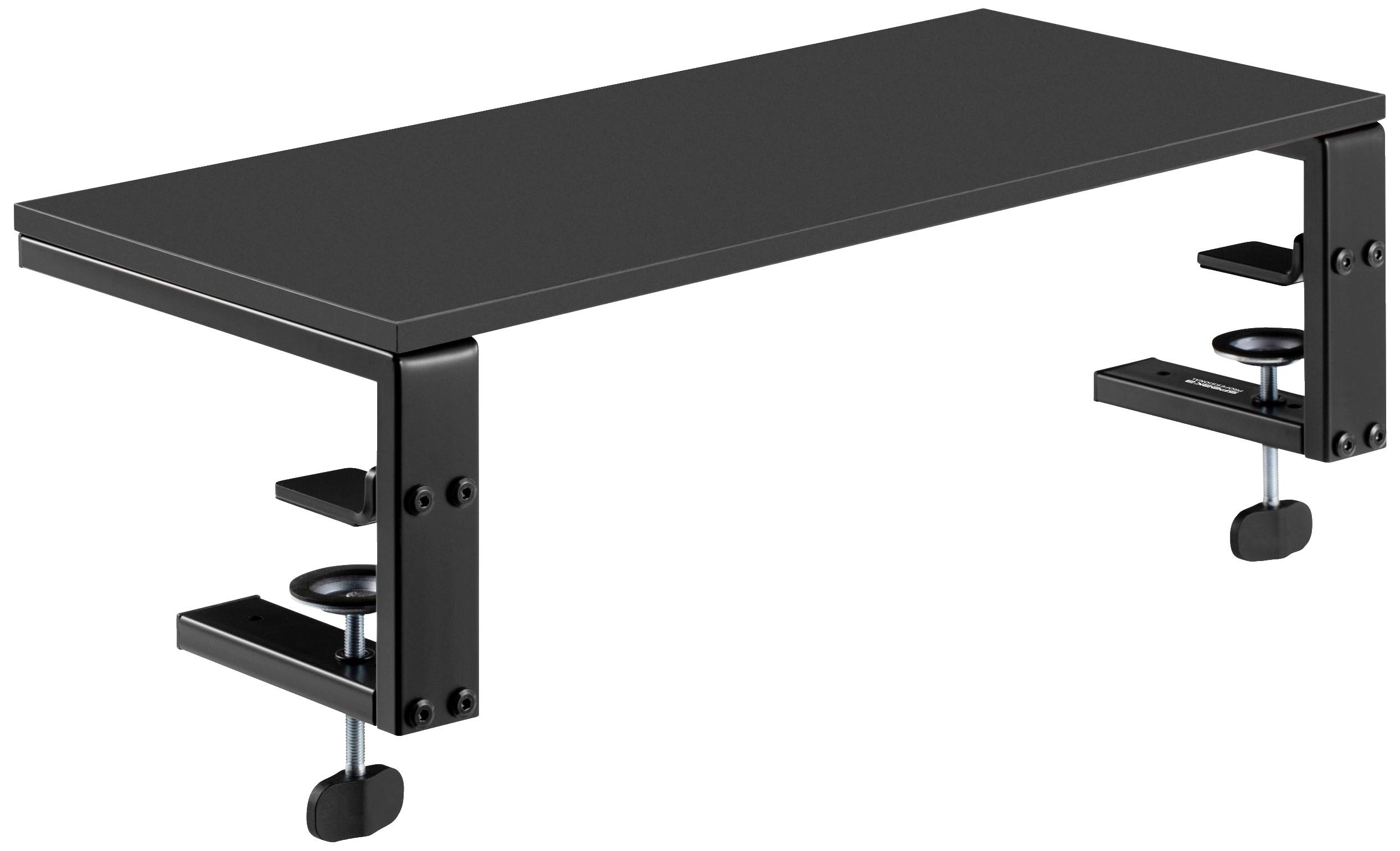 Zwarte tafelklem met twee klemmen aan de zijkanten voor bevestiging. Robuust en modern ontworpen, geschikt voor werkruimtes.