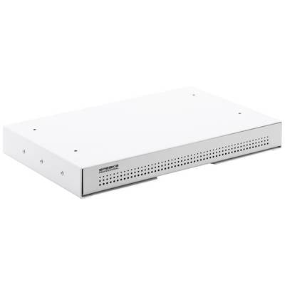 Een platte, rechthoekige, witte netwerk-switch met ventilatieopeningen aan de voorkant.