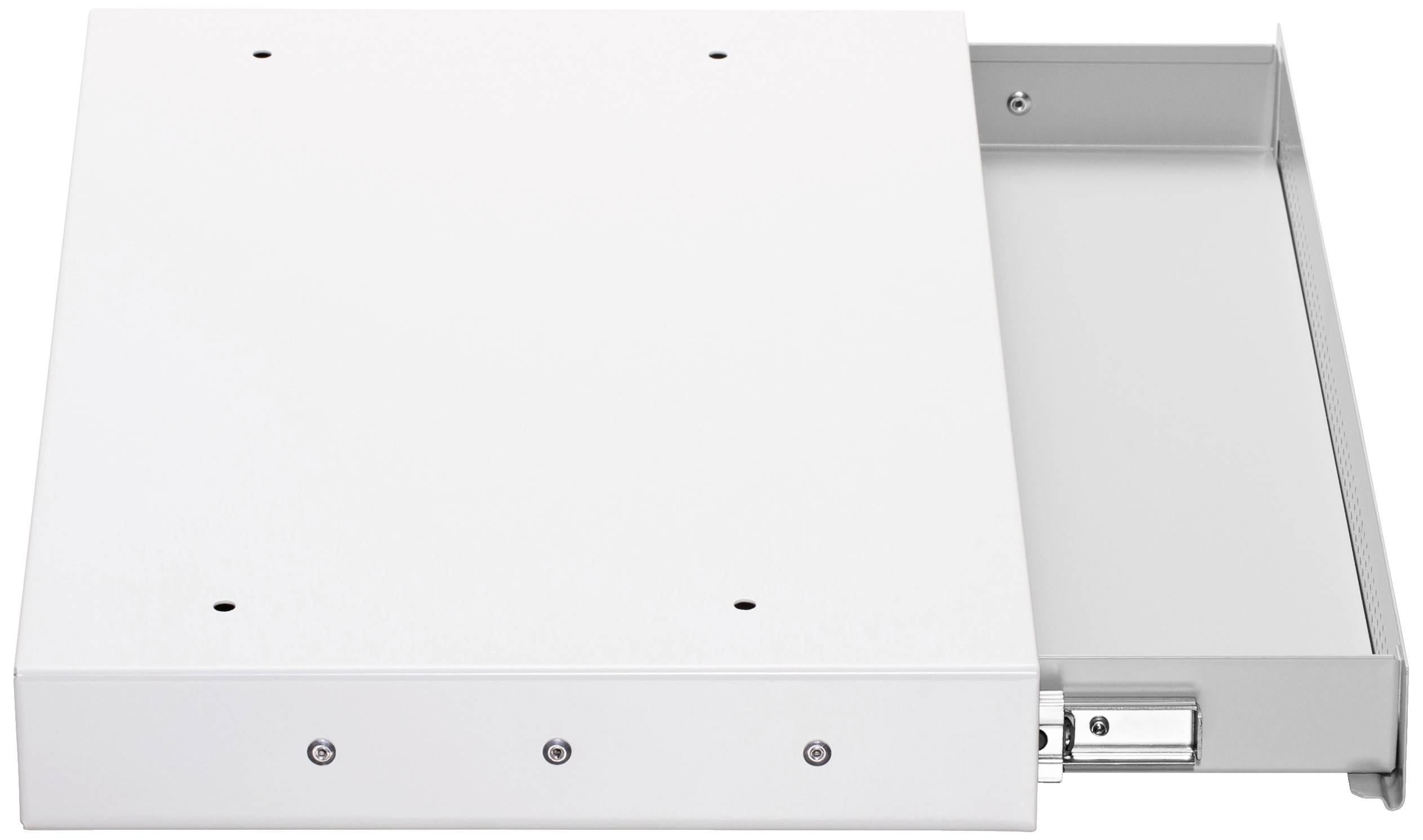 Een witte metalen doos met een uitgetrokken lade, gezien van bovenaf. Strak design, geschikt voor het opbergen van kleine voorwerpen.