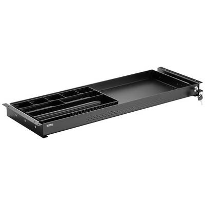 Zwarte stalen lade met afsluitbaar ontwerp, inclusief compartimenten voor organisatie, geschikt voor 19-inch rack-montage.
