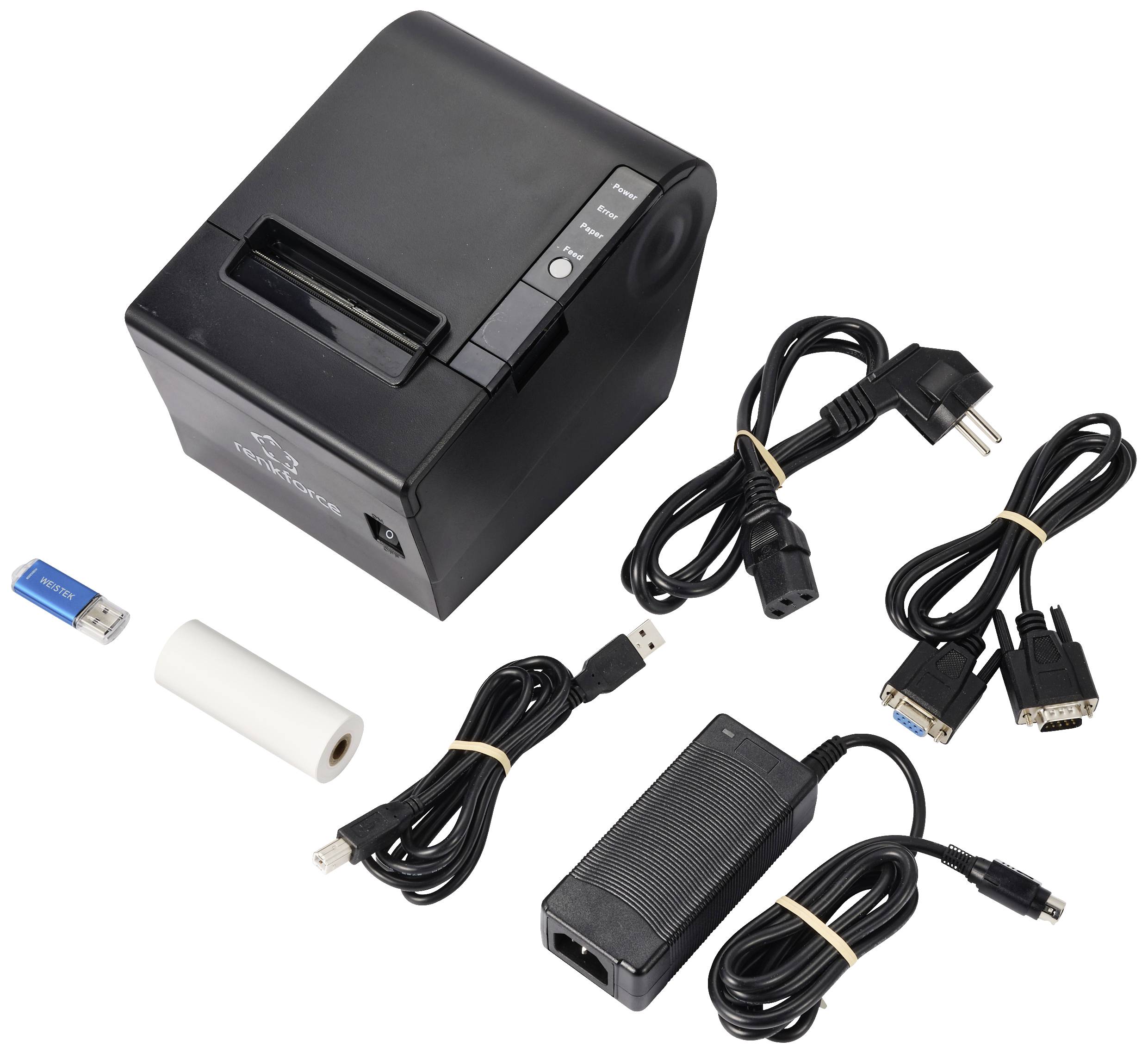 Thermische printer met voedingsadapter, USB-stick, papierrol en verschillende kabels. Geschikt voor Point-of-Sale omgevingen en bonafdrukken.