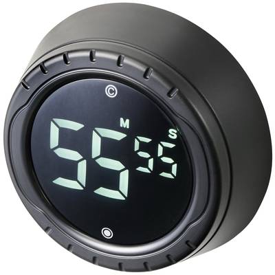 Digitale keukentimer met zwarte behuizing toont '55 minuten 55 seconden'. Donkere achtergrond.