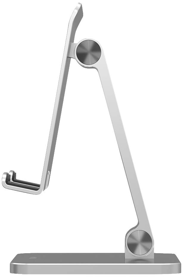 Slanke, zilveren tafelstandaard met flexibele gewrichten en houder, geschikt voor het rechtop vasthouden van een tablet of smartphone.