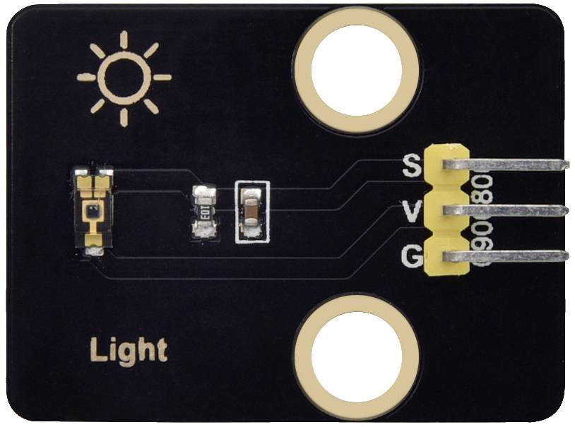 Lichtsensor-module met zonnensymbool, drie pinnen (S, V, G), zwarte achtergrond.