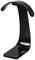 Zwarte koptelefoonstandaard met gebogen ontwerp voor opslag, geschikt voor bureaus of boekenplanken.