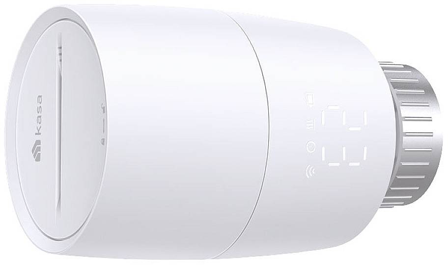 Een wit, cilindrisch Smart-thermostaat met een digitaal display en een zilveren draaiknop aan de rechterkant.
